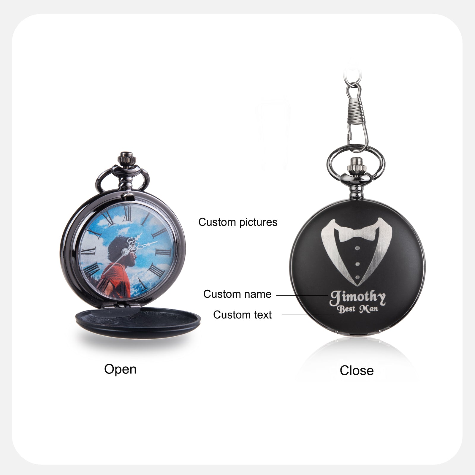 Open silver pocket watch with custom photo on dial; closed black pocket watch engraved with tuxedo design and name "Timothy".