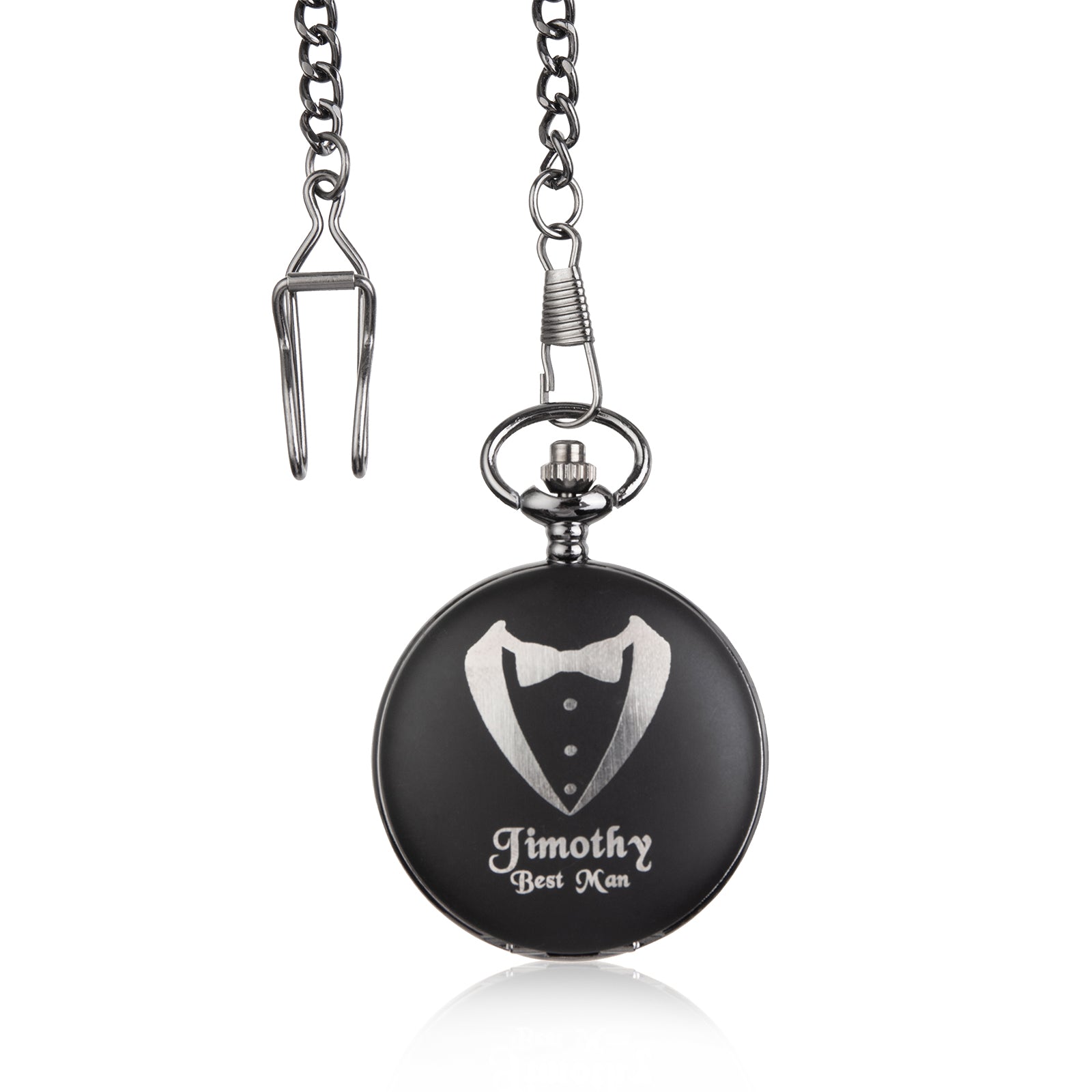 Black pocket watch with silver tuxedo design and personalized "Timothy" engraving on front.