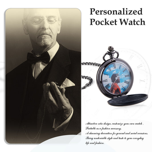 Black metal pocket watch with custom photo face and chain, open lid showing clock hands and photo inside.