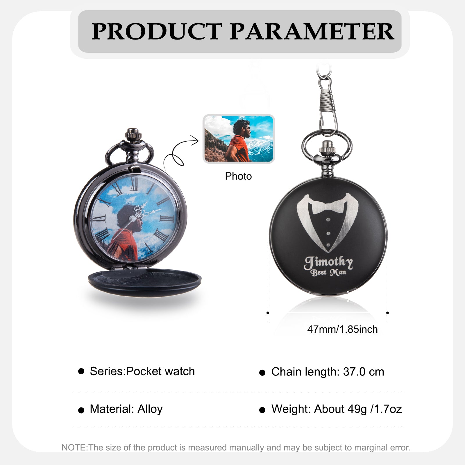 Black alloy pocket watch with customizable photo inside, tuxedo design on outer cover, 47mm diameter.