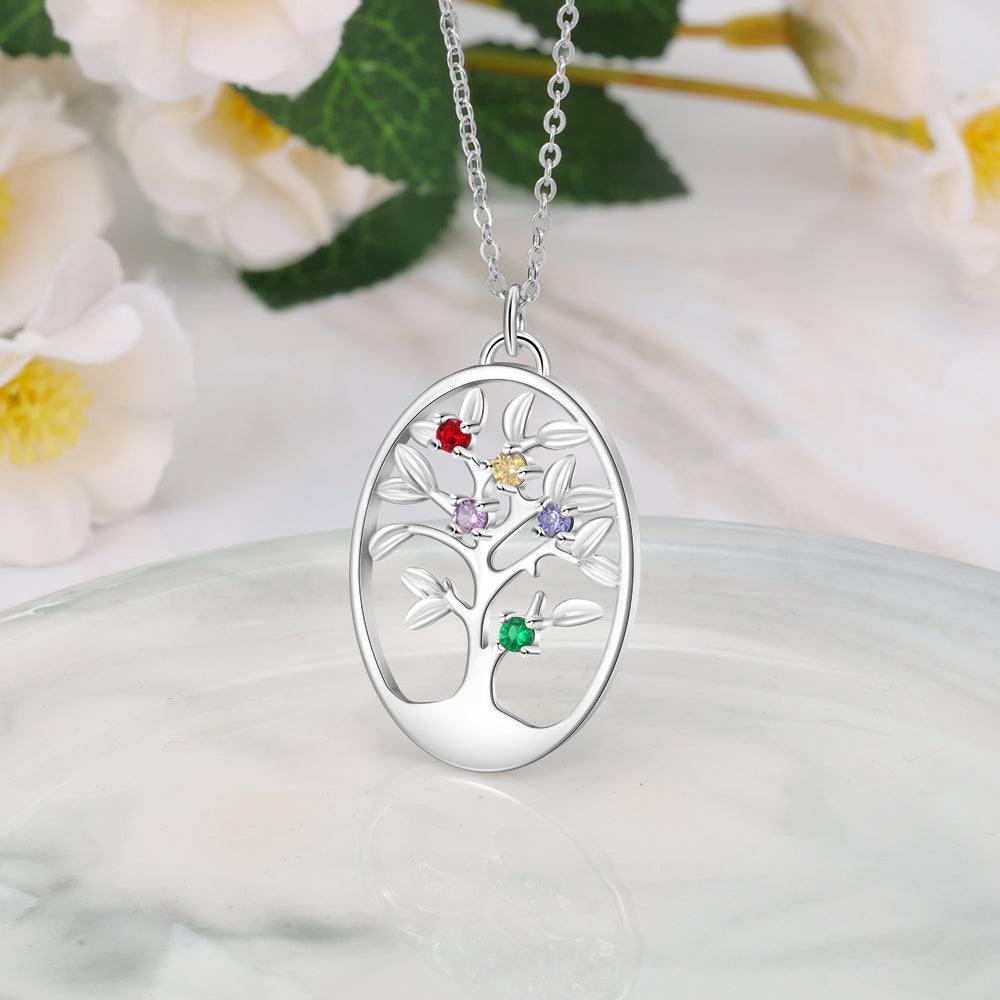 Silver oval pendant necklace featuring a family tree design with colorful birthstone accents.