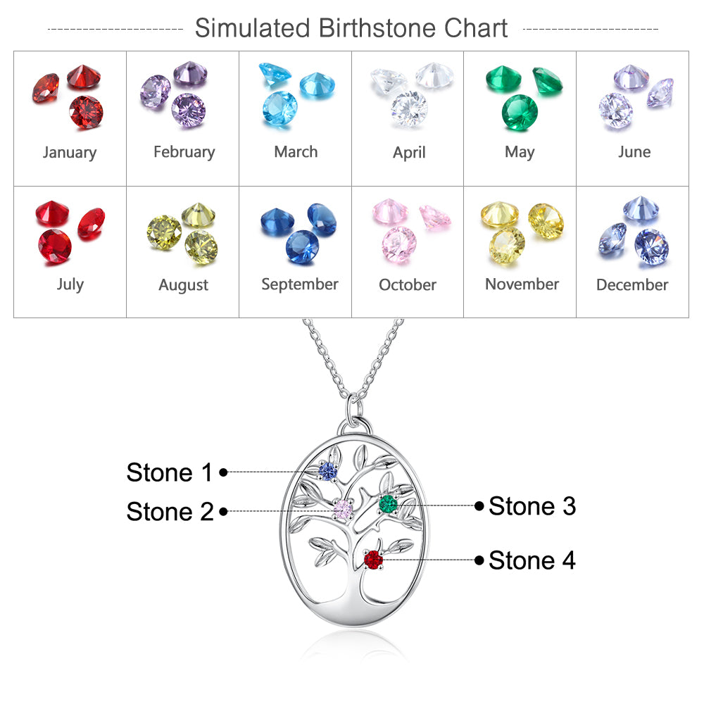 Silver oval pendant family tree necklace with four colorful birthstone charms on a delicate chain.
