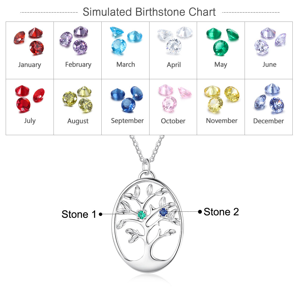 Oval silver pendant necklace with engraved family tree and two colored birthstones on branches.