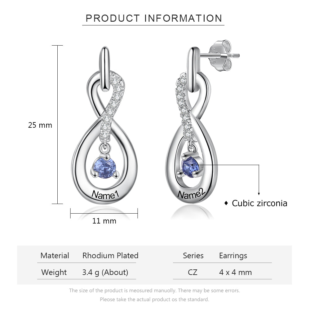 Rhodium-plated infinity earrings with blue cubic zirconia and cubic zirconia accents, 25mm length.