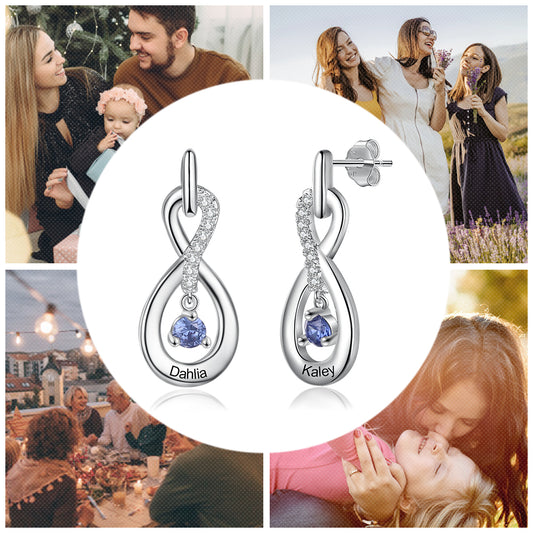 Sterling silver infinity earrings with purple birthstone and engraved nameplate.