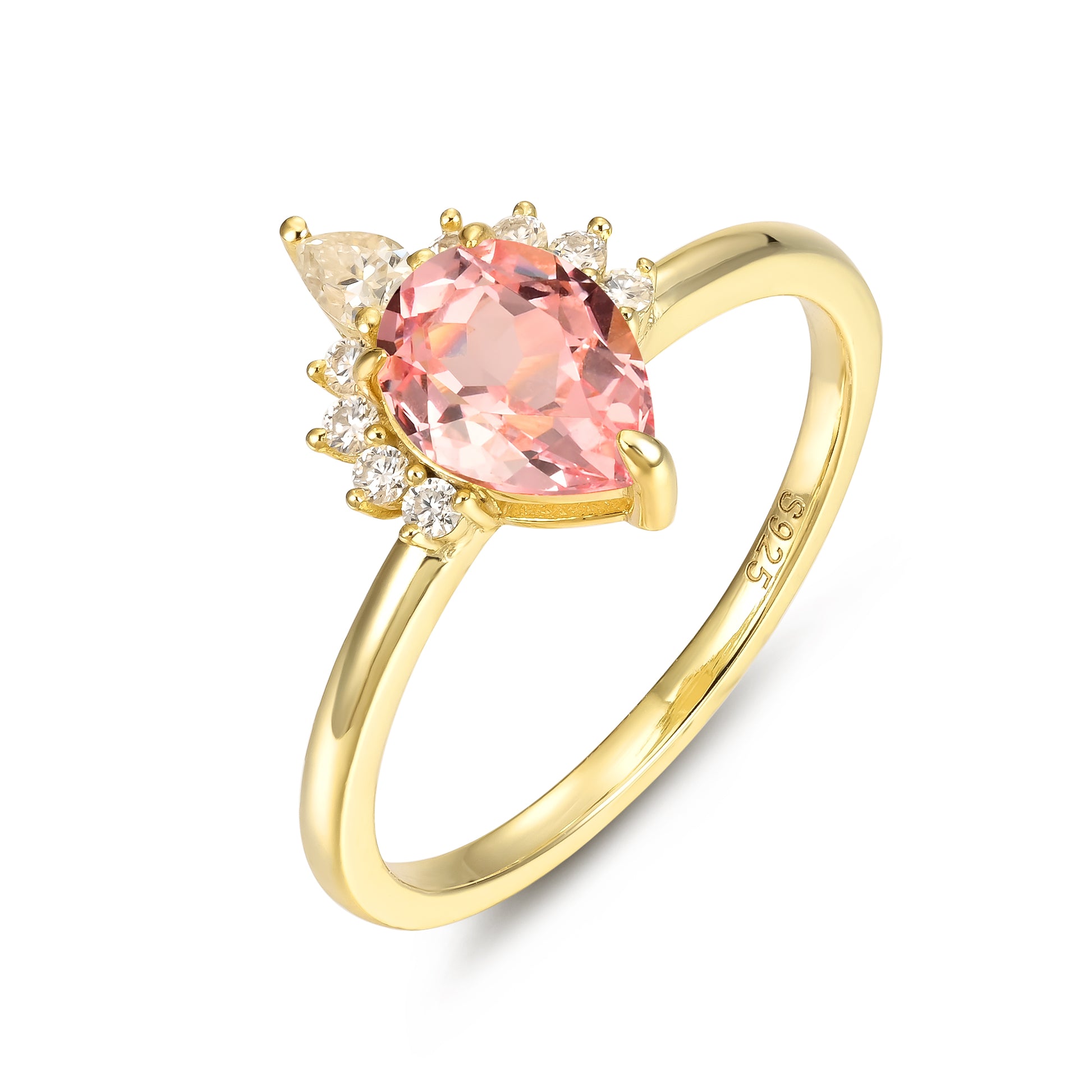 925 Sterling Silver Lab Pink Sapphire Ring with pear-shaped pink sapphire and gold-plated band, accented with small clear stones.