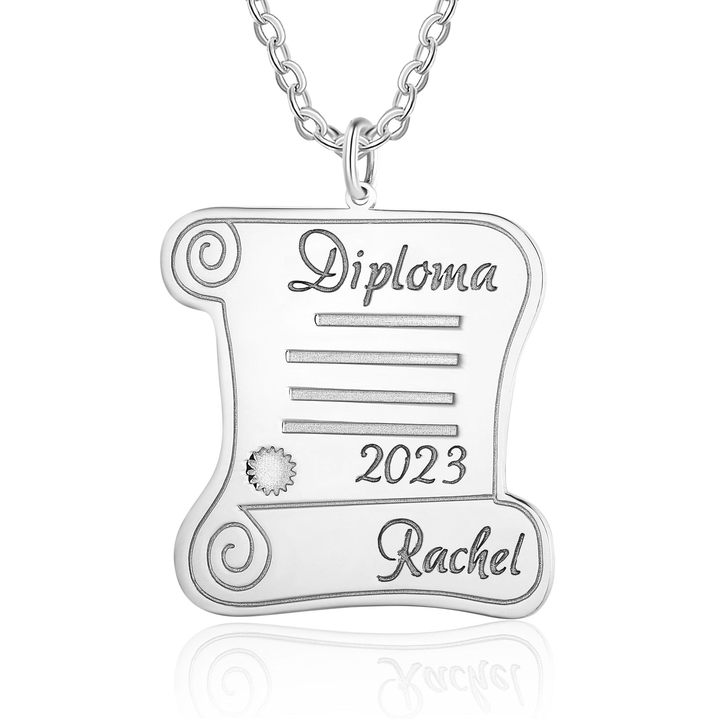 Silver scroll-shaped pendant necklace engraved with "Diploma," lines, "2023," and personalized name "Rachel".