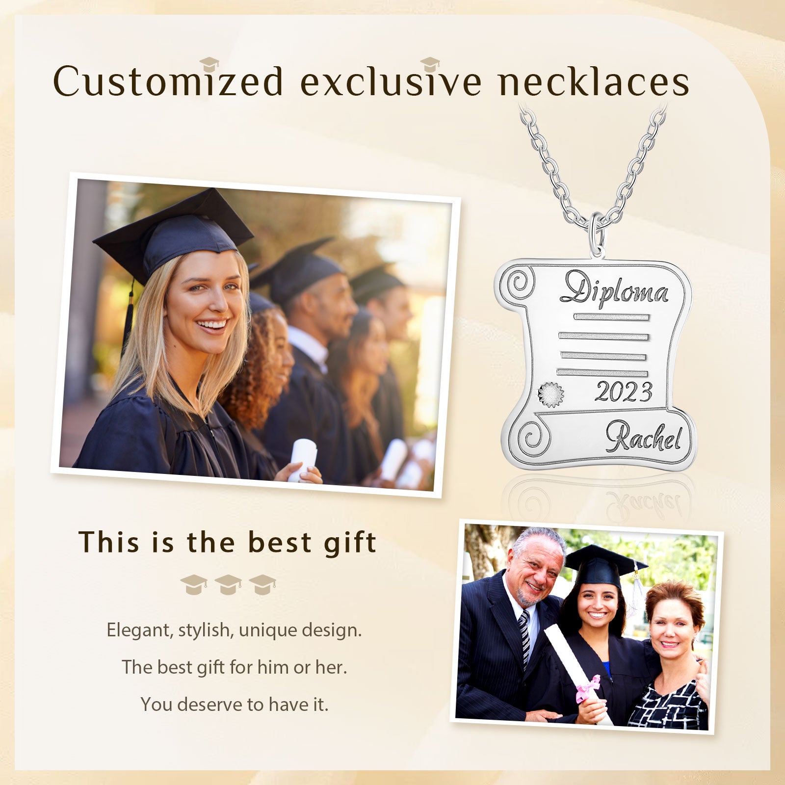 Silver pendant necklace shaped like a diploma scroll engraved with "Diploma," "2023," and a personalized name on a delicate.
