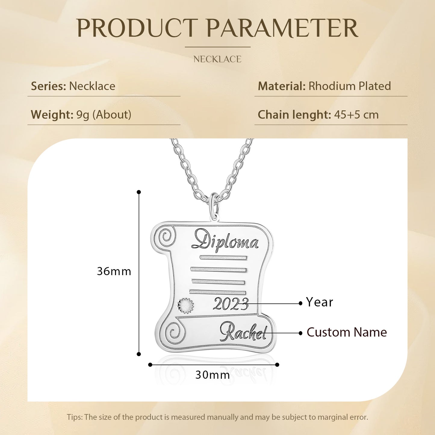 Rhodium-plated silver pendant necklace shaped like a diploma scroll, personalized with the year 2023 and custom name,.