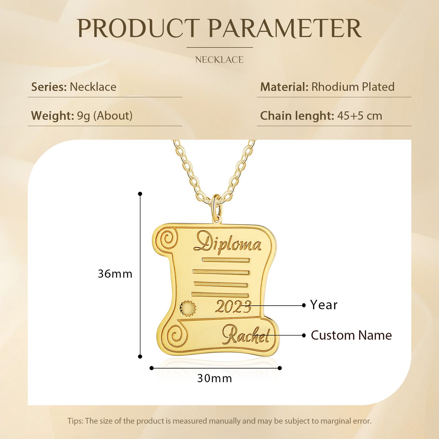 Gold rhodium-plated graduation pendant necklace shaped like a diploma scroll with engraved year 2023 and custom name Rachel,