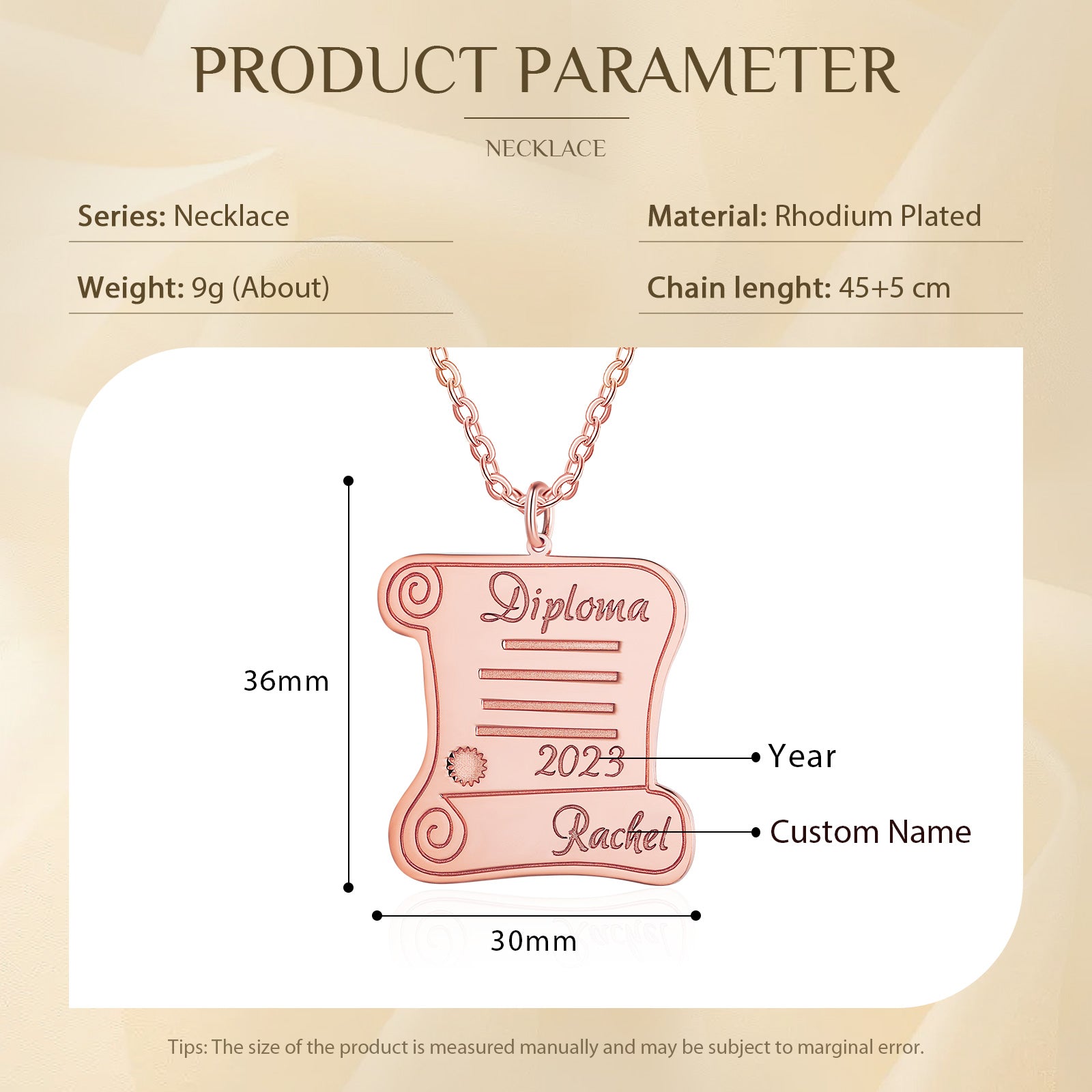 Rose gold scroll-shaped graduation pendant necklace engraved with "Diploma," year "2023," and customizable name on a 45 cm.