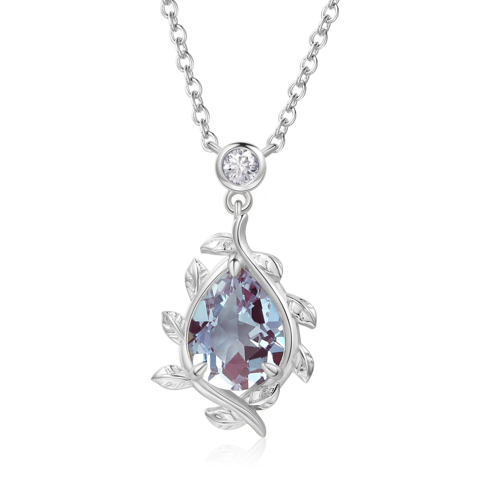 925 Sterling Silver Lab Alexandrite Necklace with pear-shaped color-changing purple gemstone and leaf design pendant