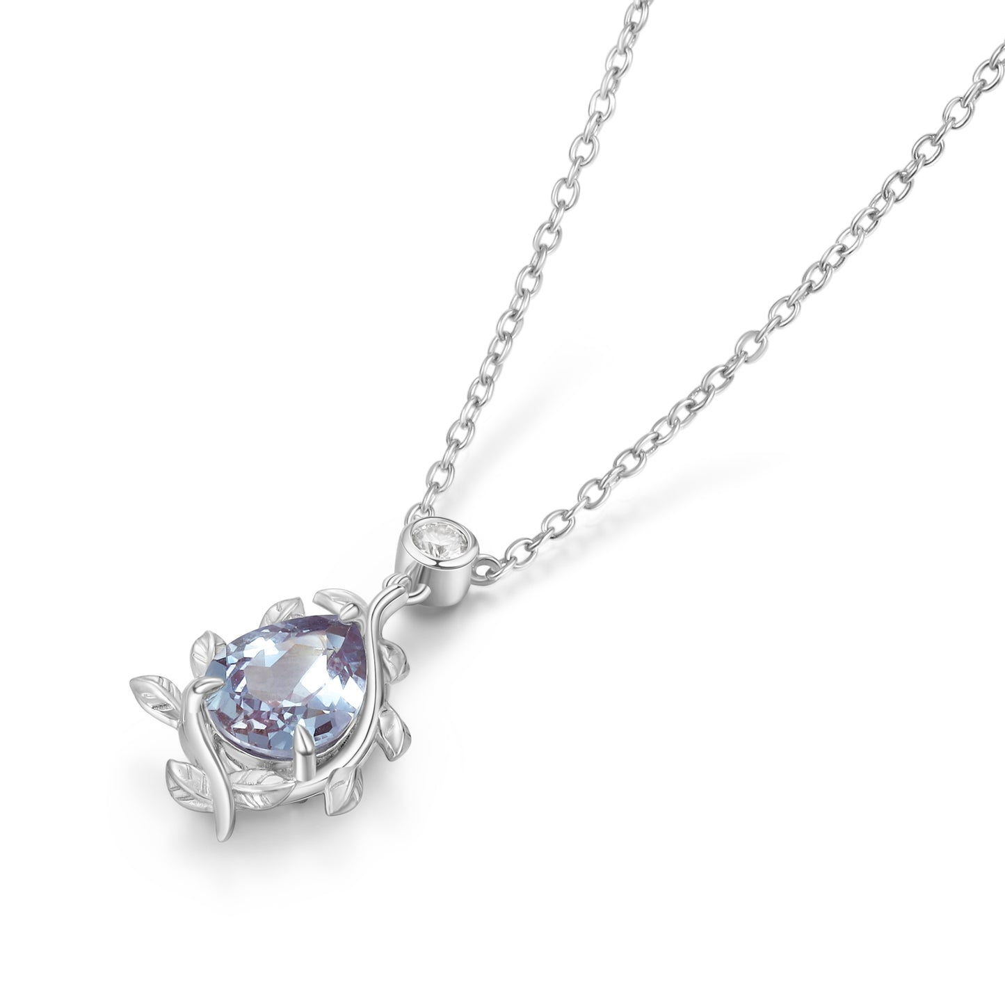 925 Sterling Silver Lab Alexandrite Necklace with pear-shaped purple gemstone and intricate leaf design in white gold color.