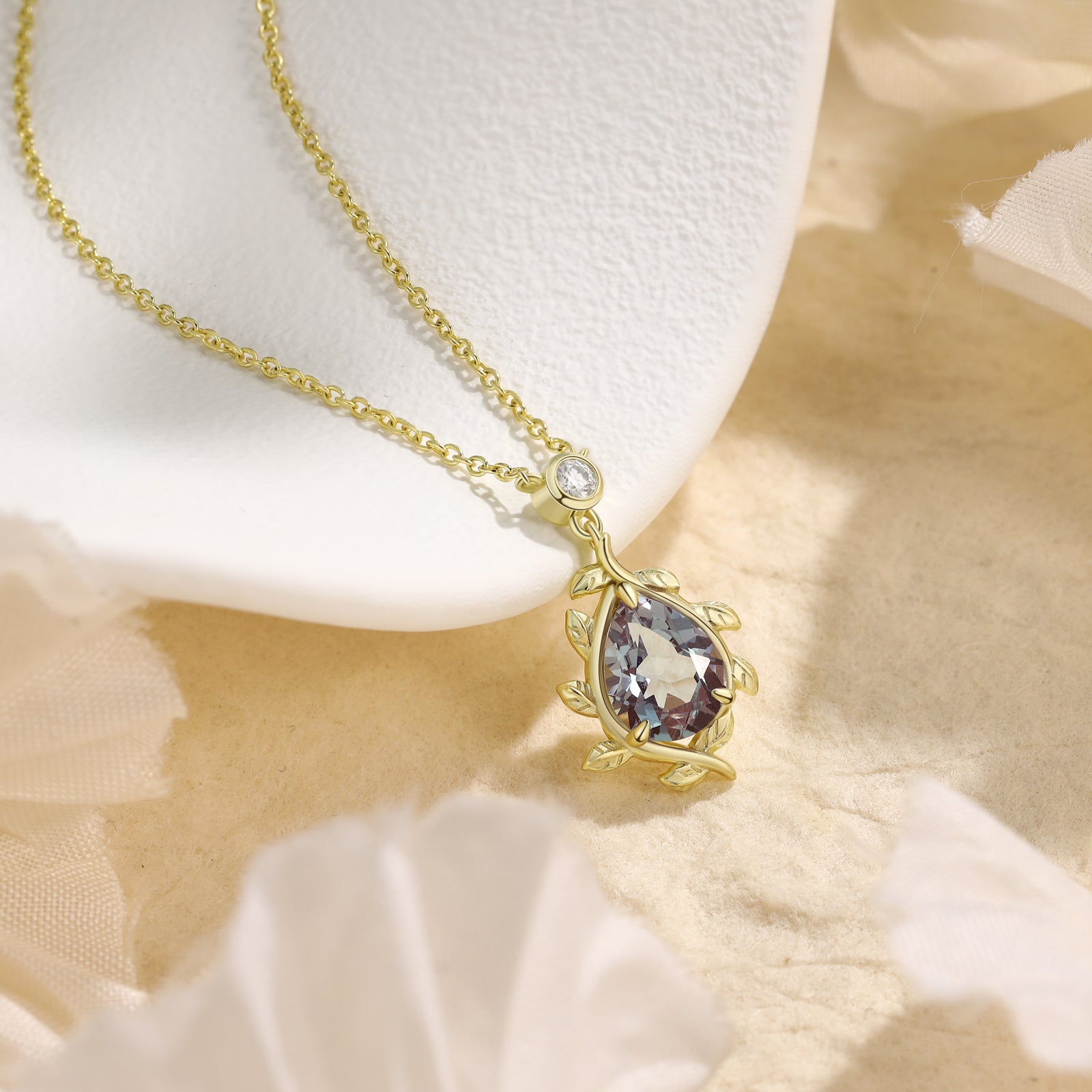 925 Sterling Silver Lab Alexandrite Necklace with pear-shaped purple gemstone in gold setting on delicate chain