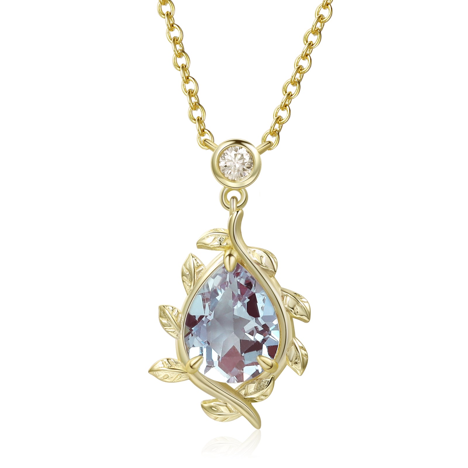 925 Sterling Silver Lab Alexandrite Necklace with pear-shaped purple gemstone and gold leaf design pendant on chain