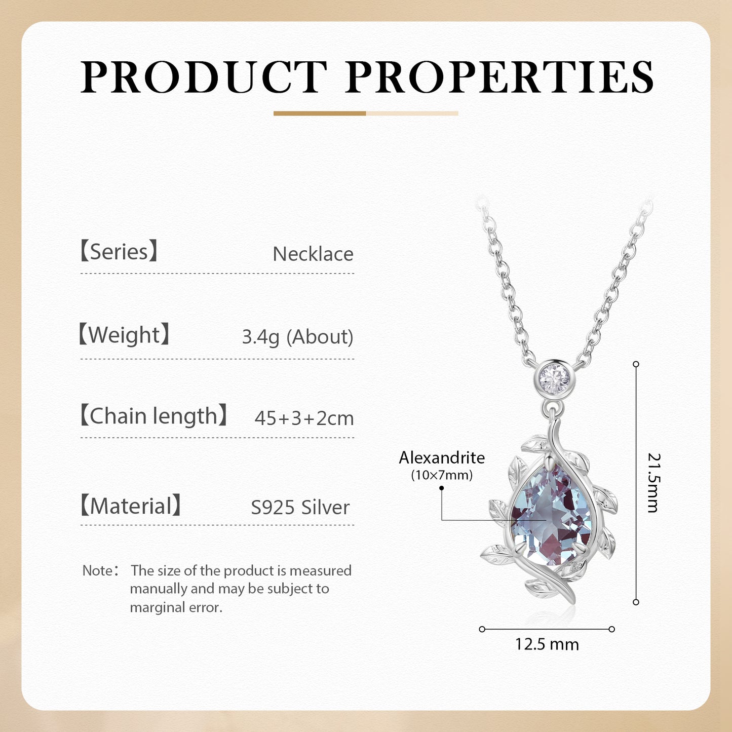 925 Sterling Silver Lab Alexandrite Necklace with pear-shaped purple gemstone and adjustable 45cm chain length