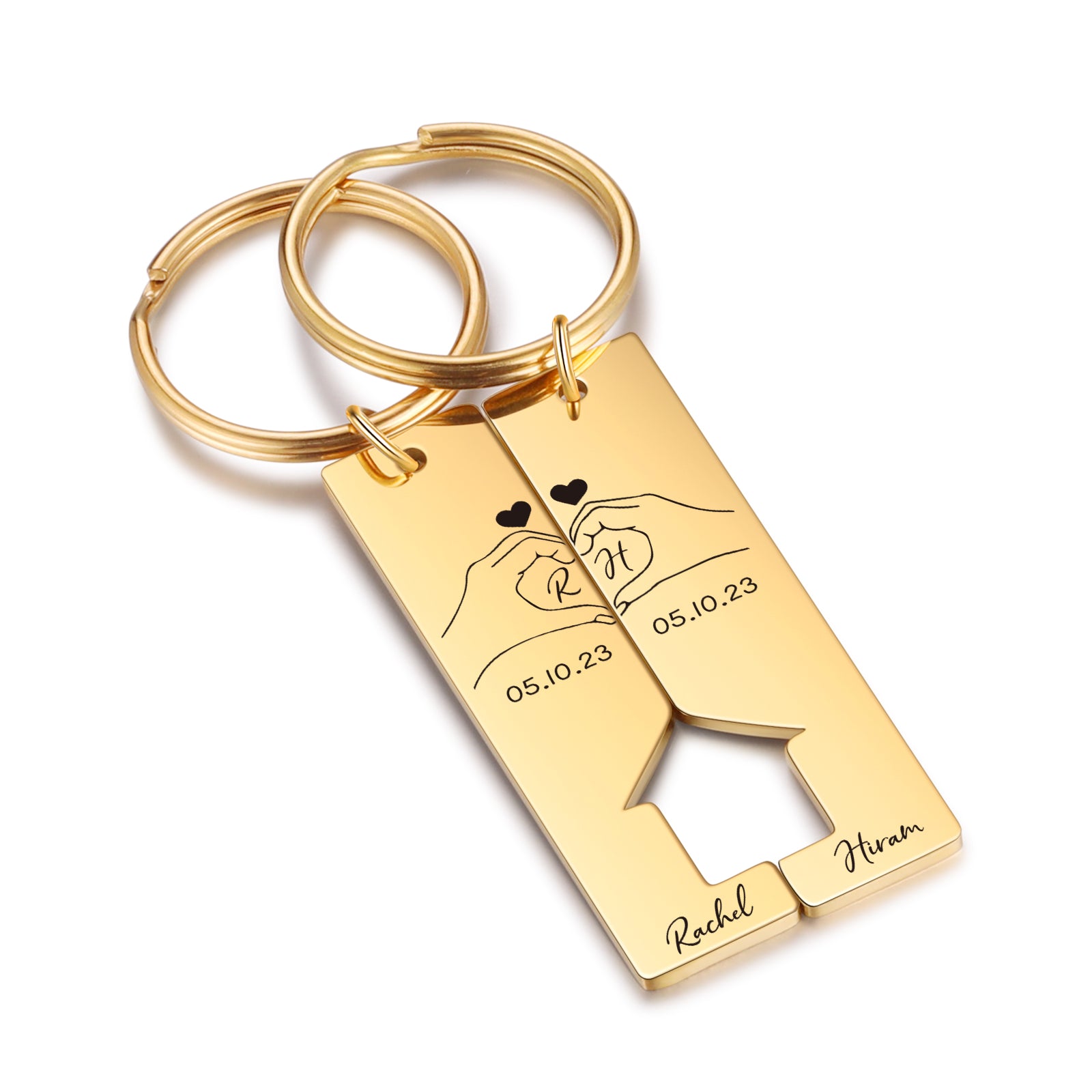 Gold-tone stainless steel couple keychain with matching heart-shaped puzzle design, personalized initials, and engraved date.