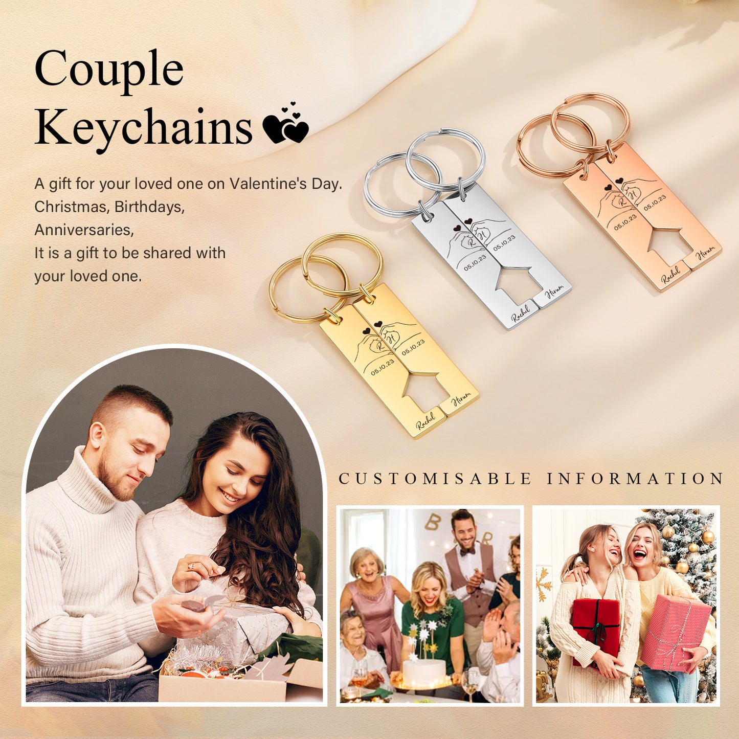 Two heart-shaped stainless steel keychains in silver and gold, each featuring a custom initial and a small cutout heart.