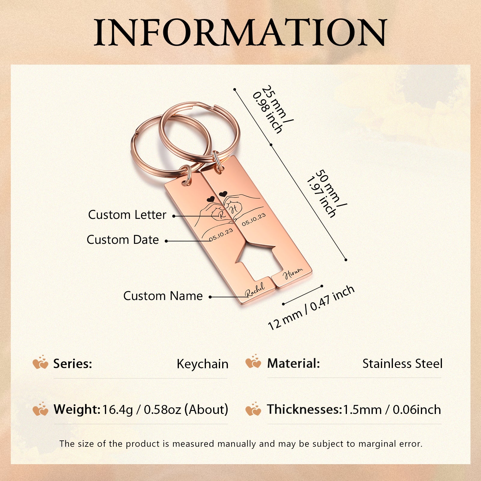 Rose gold stainless steel two-piece keychain set with a heart-shaped charm engraved with custom letter, name, and date.