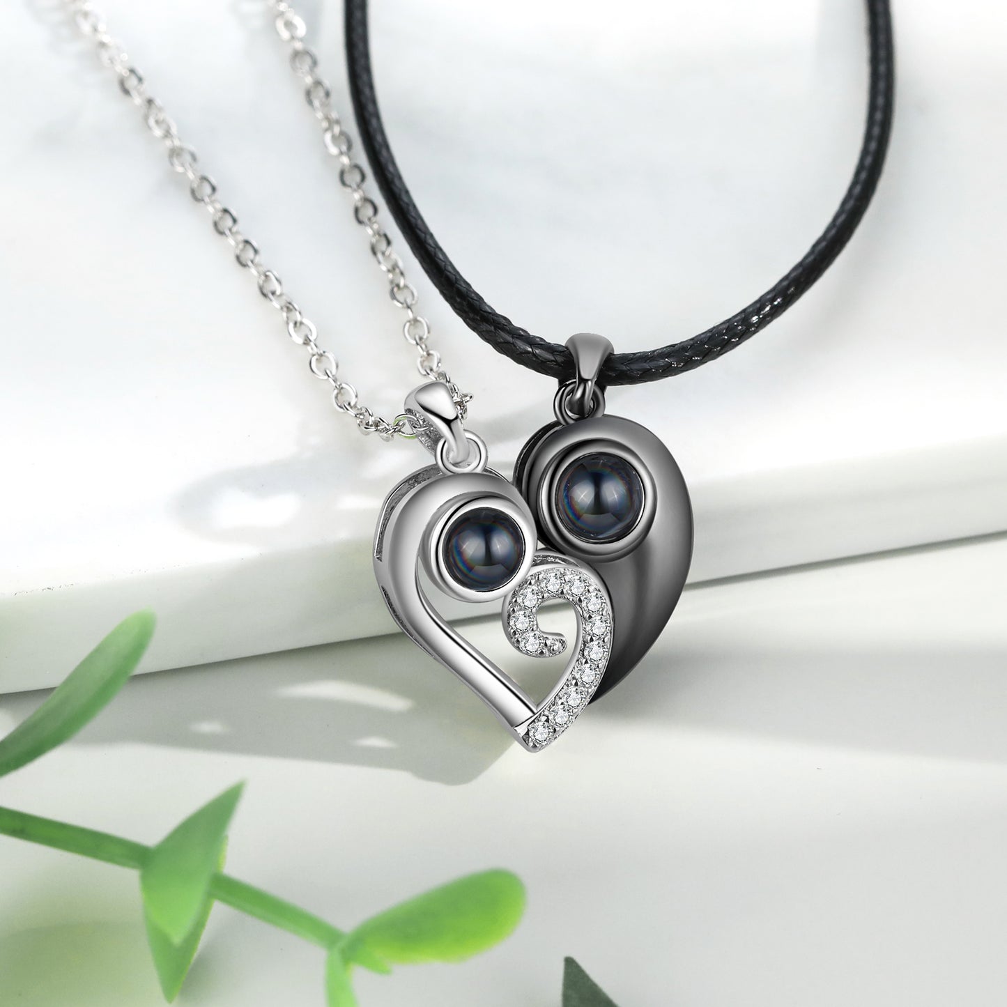 Custom Couple Projection Heart Necklace Set – Personalized Photo Inside Matching Love Jewelry