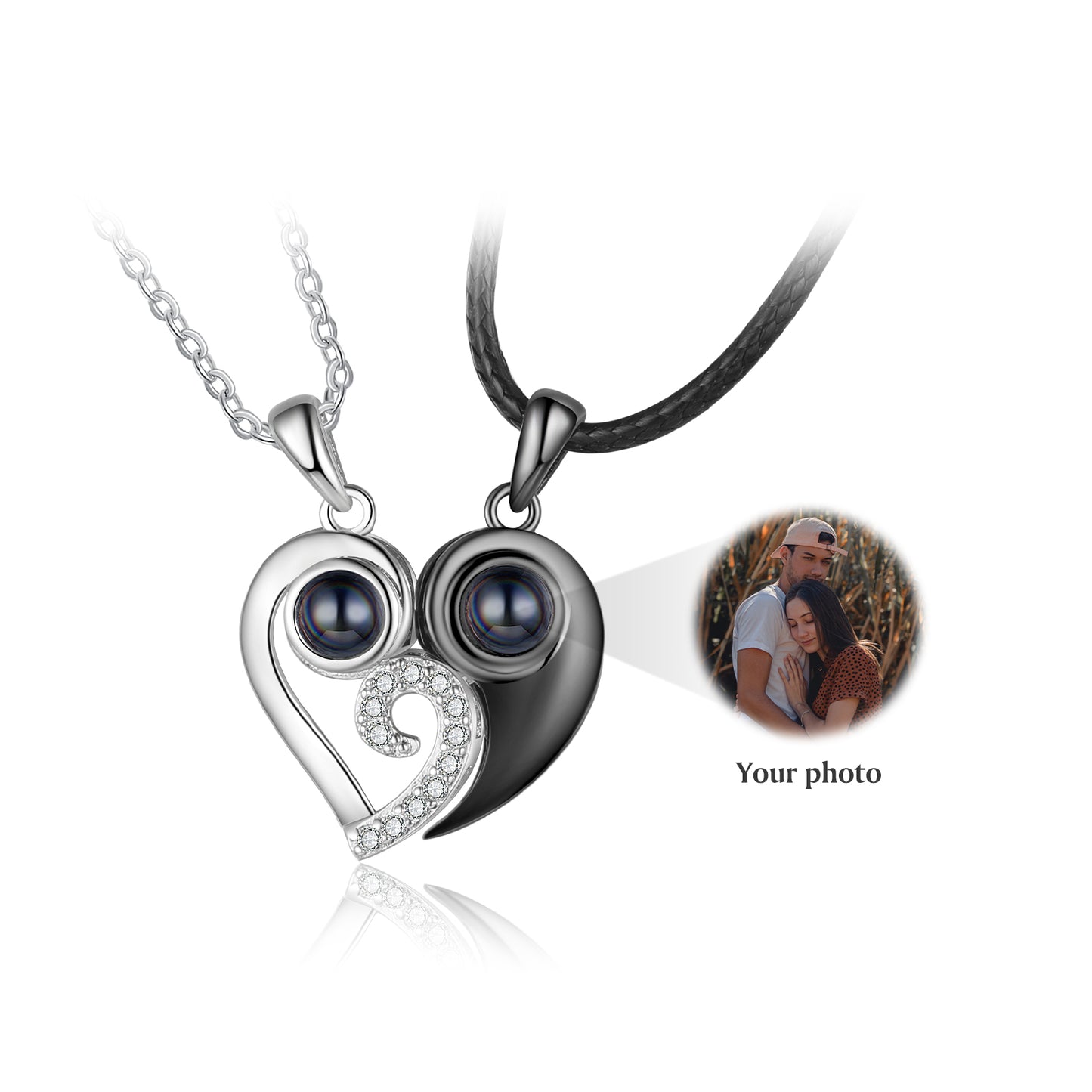 Custom Couple Projection Heart Necklace Set – Personalized Photo Inside Matching Love Jewelry