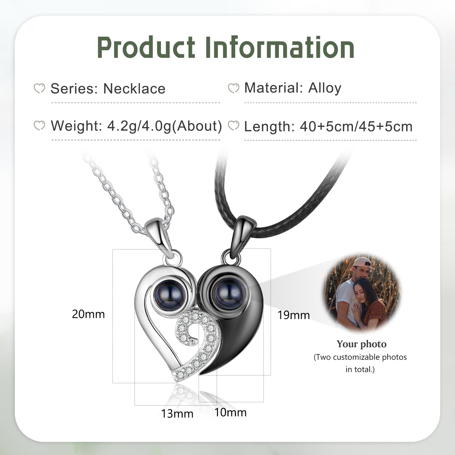 Custom Couple Projection Heart Necklace Set – Personalized Photo Inside Matching Love Jewelry