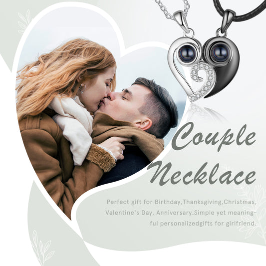 Custom Couple Projection Heart Necklace Set – Personalized Photo Inside Matching Love Jewelry