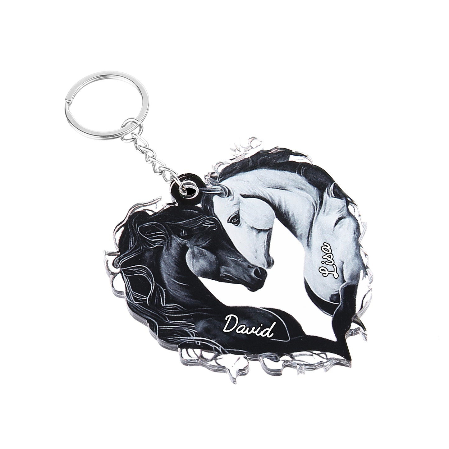 Acrylic heart-shaped keychain featuring black and white horses forming a heart, personalized with the name David in white.
