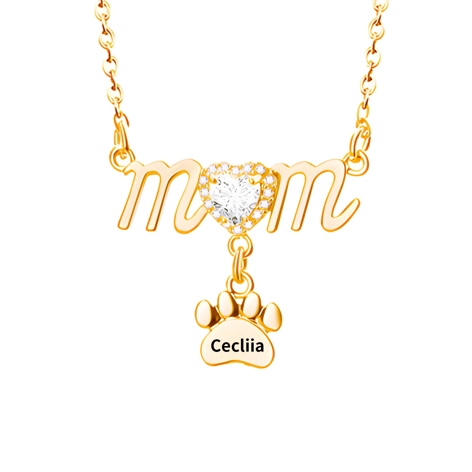 Gold necklace with cursive "mom," heart-shaped crystal, and paw charm engraved Cecilia.