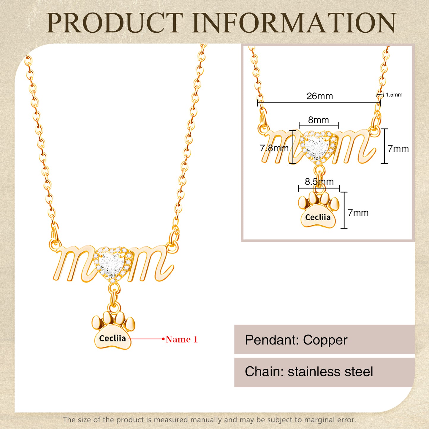 Gold necklace featuring the word "mom" with a paw-shaped charm and personalized name tag.
