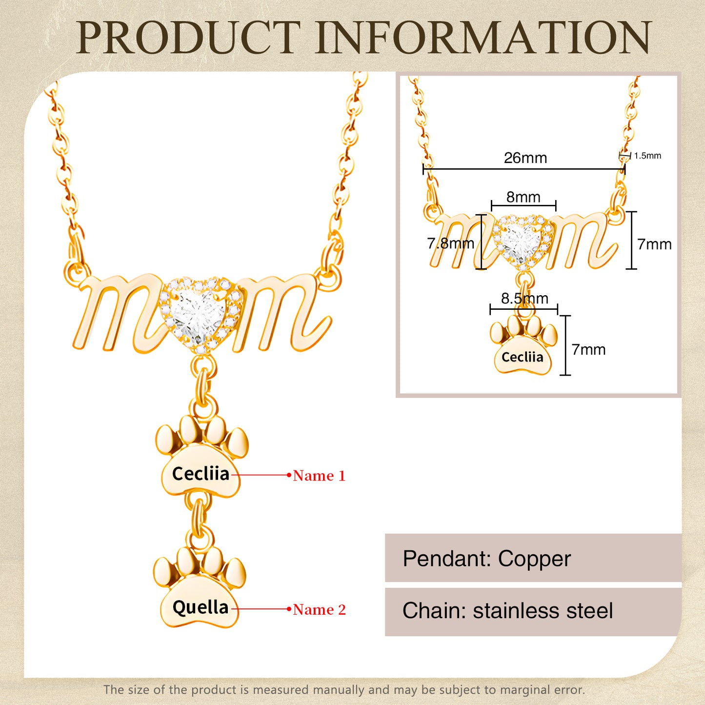 Gold necklace with "mom" script and paw-shaped pendant engraved with "Cecilia".