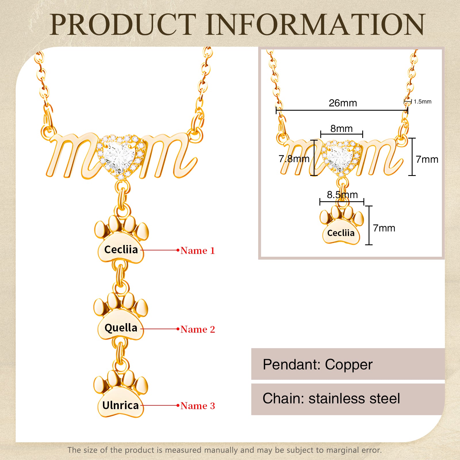 Gold paw shape necklace with three customizable name tags and cubic zirconia heart detail.