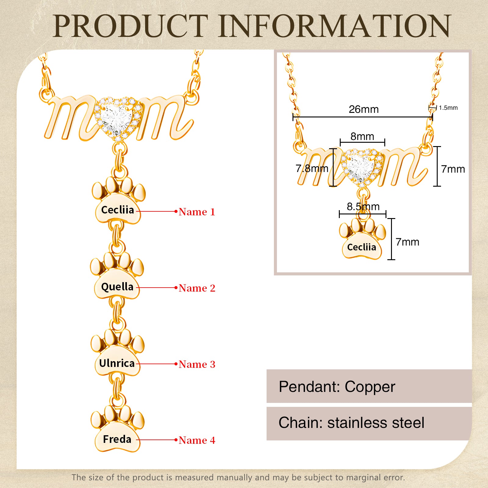Gold paw shape necklace with four personalized name tags hanging vertically on a fine chain.