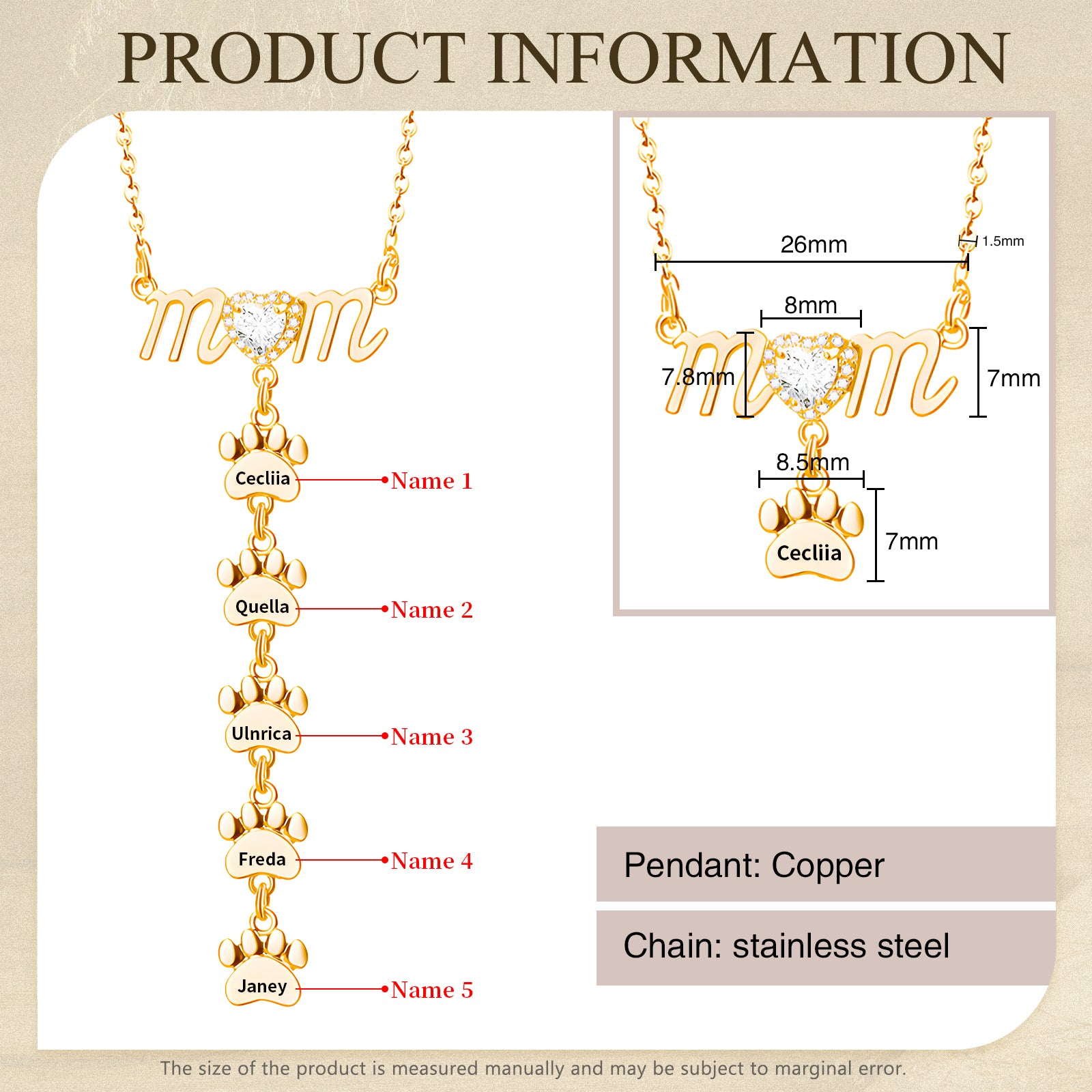 Gold paw-shaped necklace with "mom" script and five customizable name tags on a vertical chain.