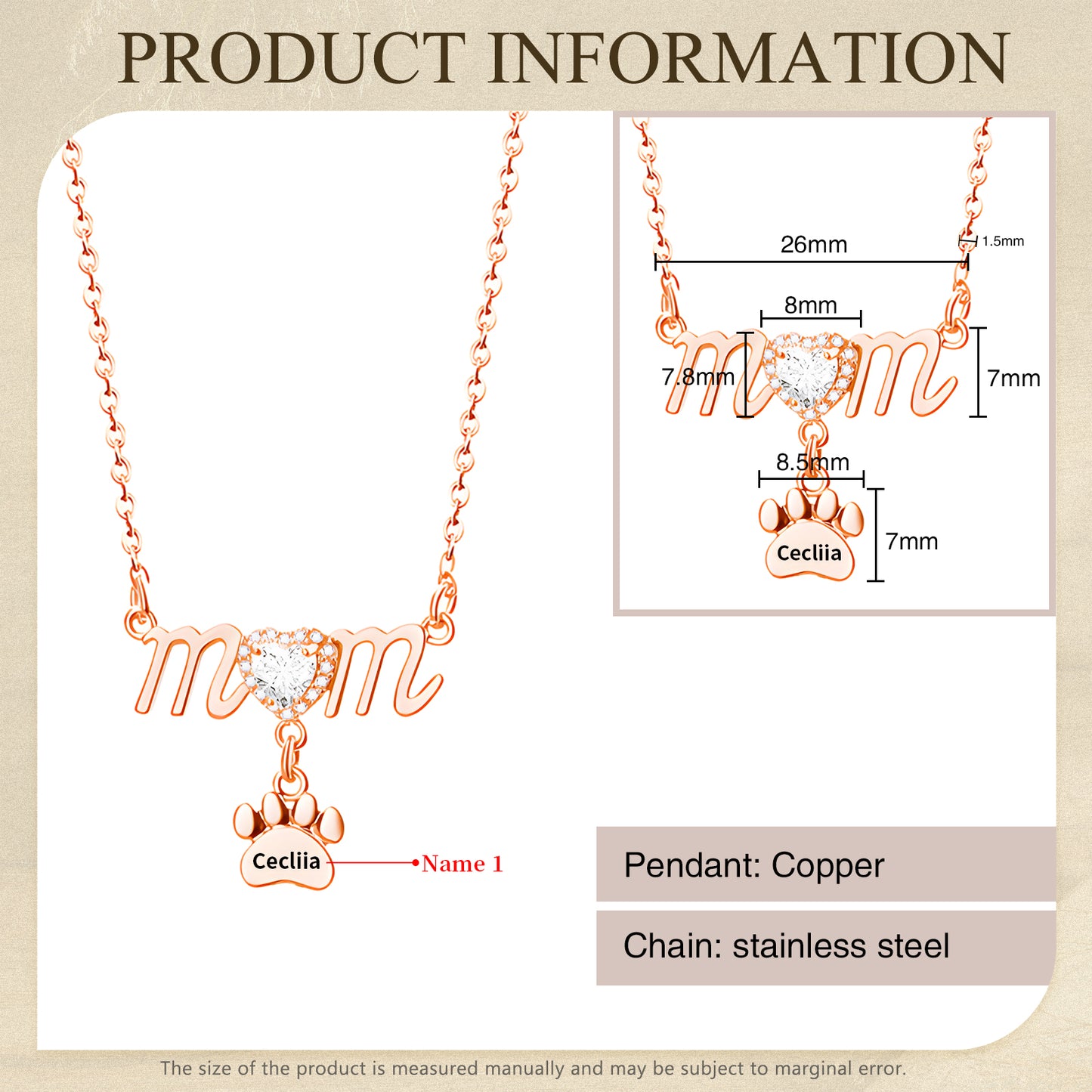 Rose gold necklace with "mom" script and paw charm featuring a small heart and custom name engraving.