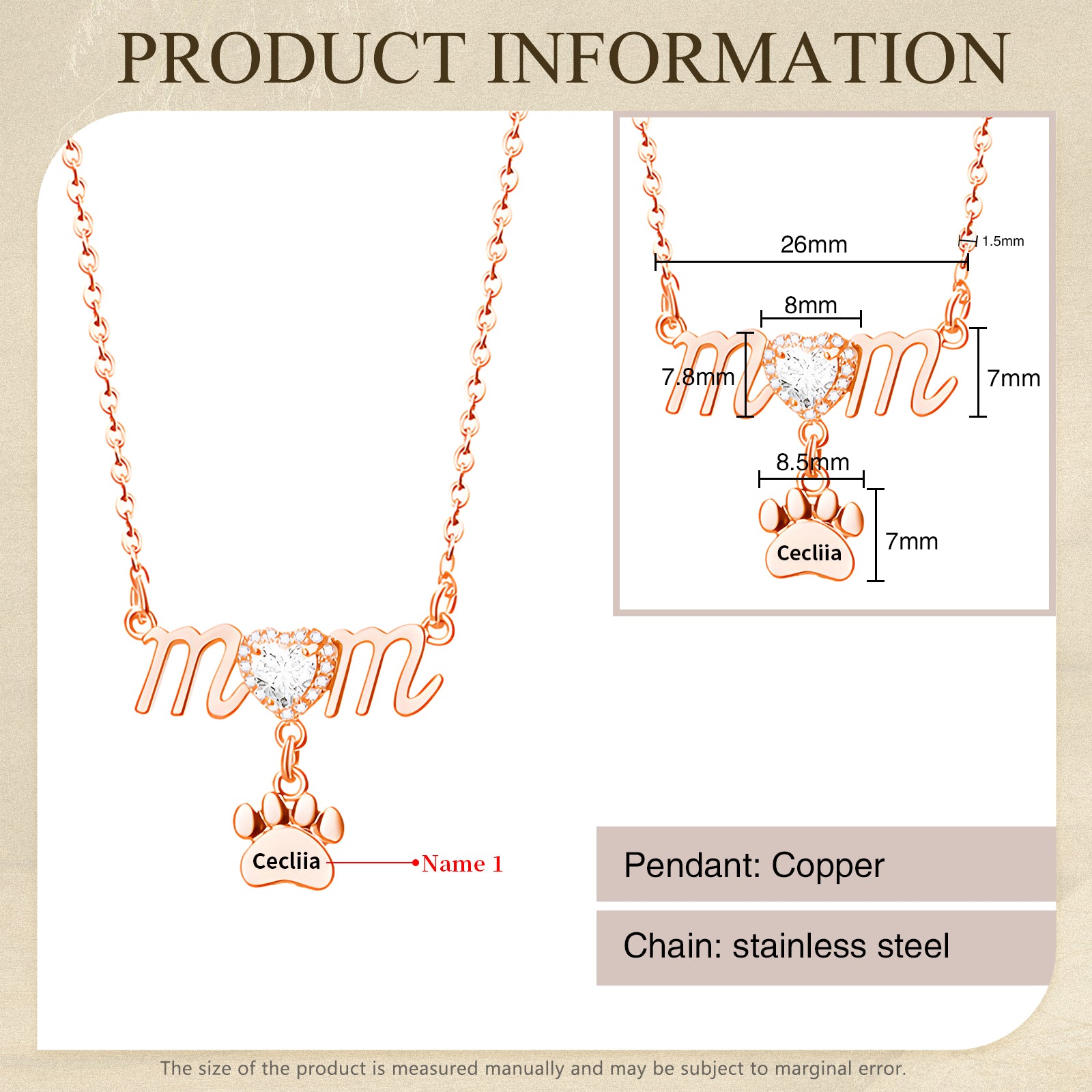 Rose gold necklace with "mom" script and paw charm featuring a small heart and custom name engraving.