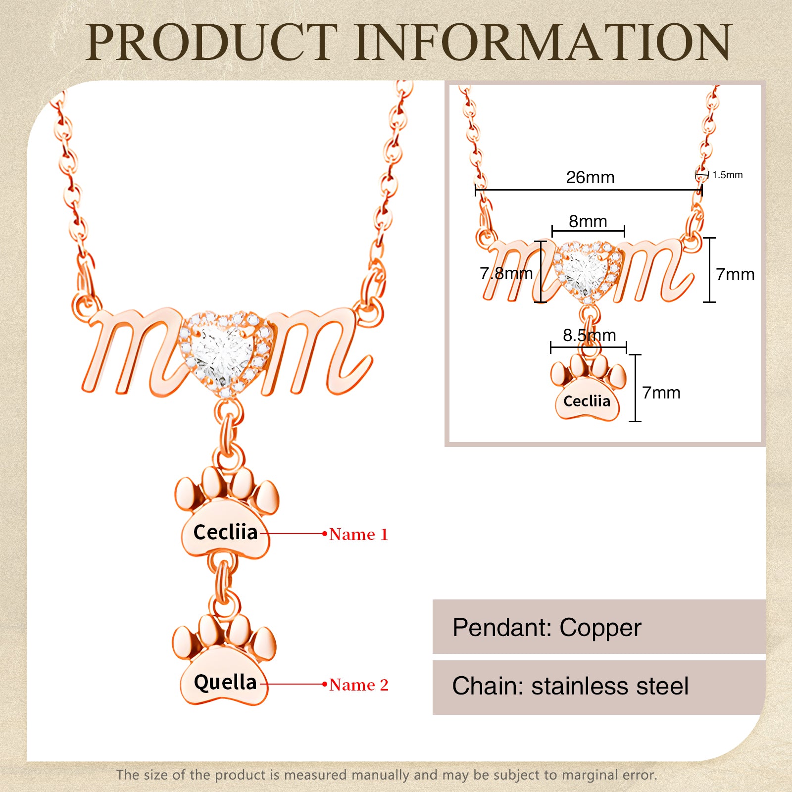 Rose gold paw shape necklace with "mom" script and customizable name charms on a delicate chain.