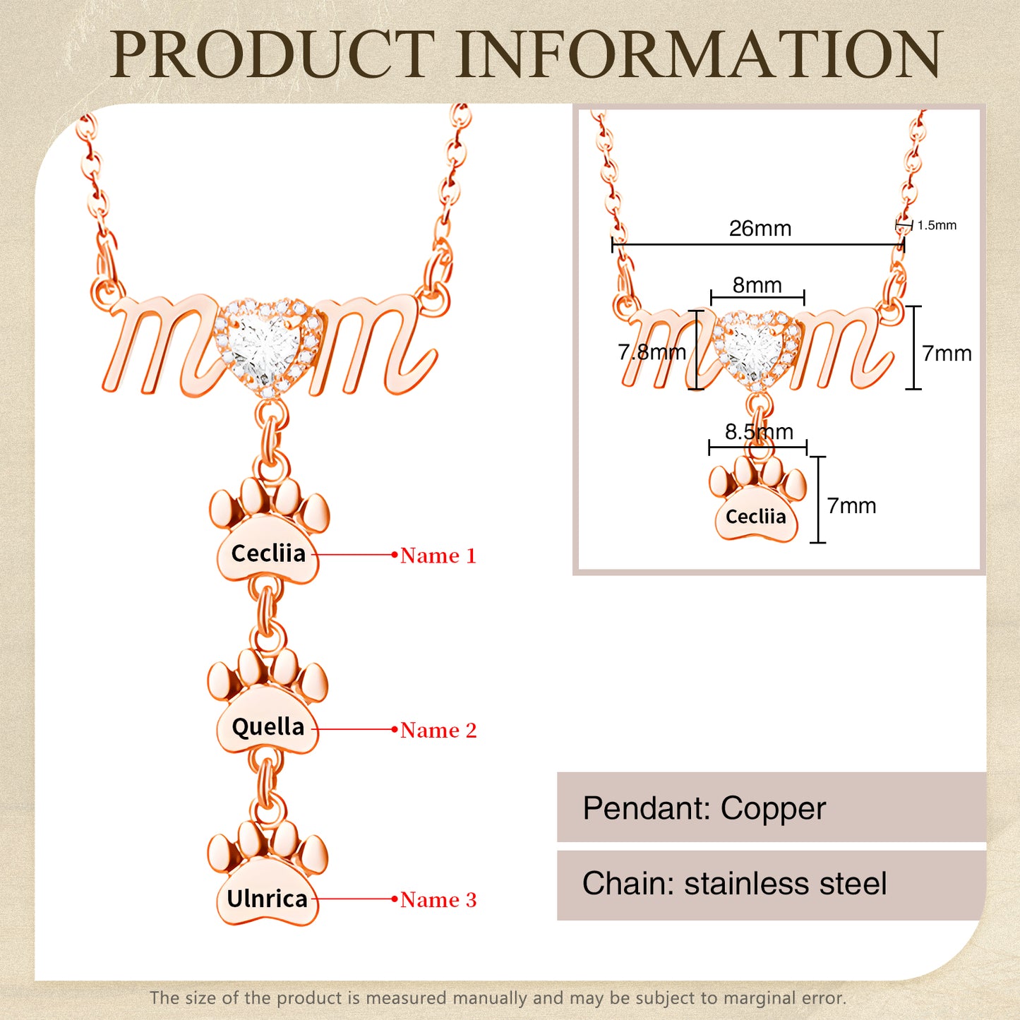 Rose gold paw shape necklace pendant with customizable script "mom" and three engraved name plates.