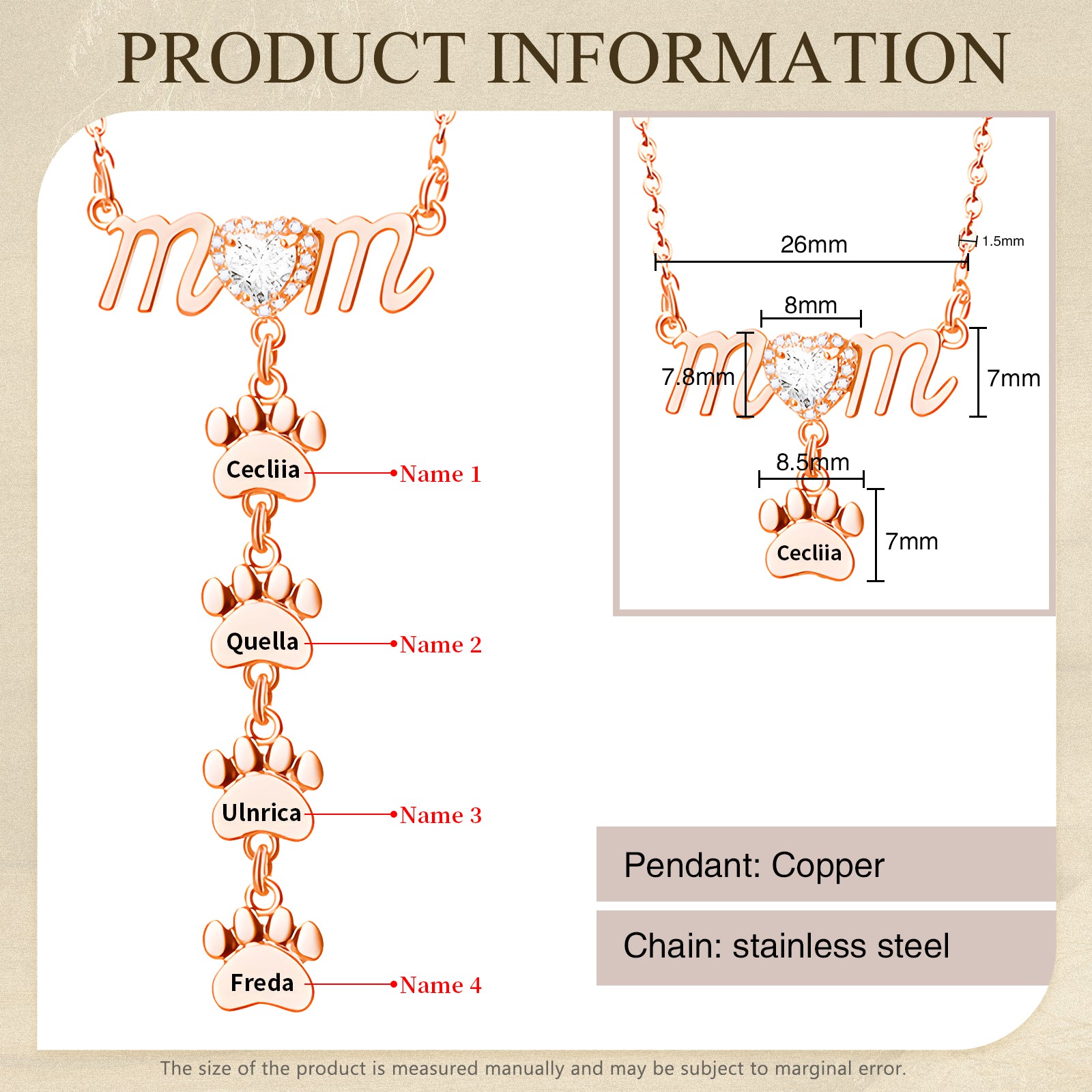 Rose gold Mother's Day necklace with paw-shaped pendant and four customizable name tags.