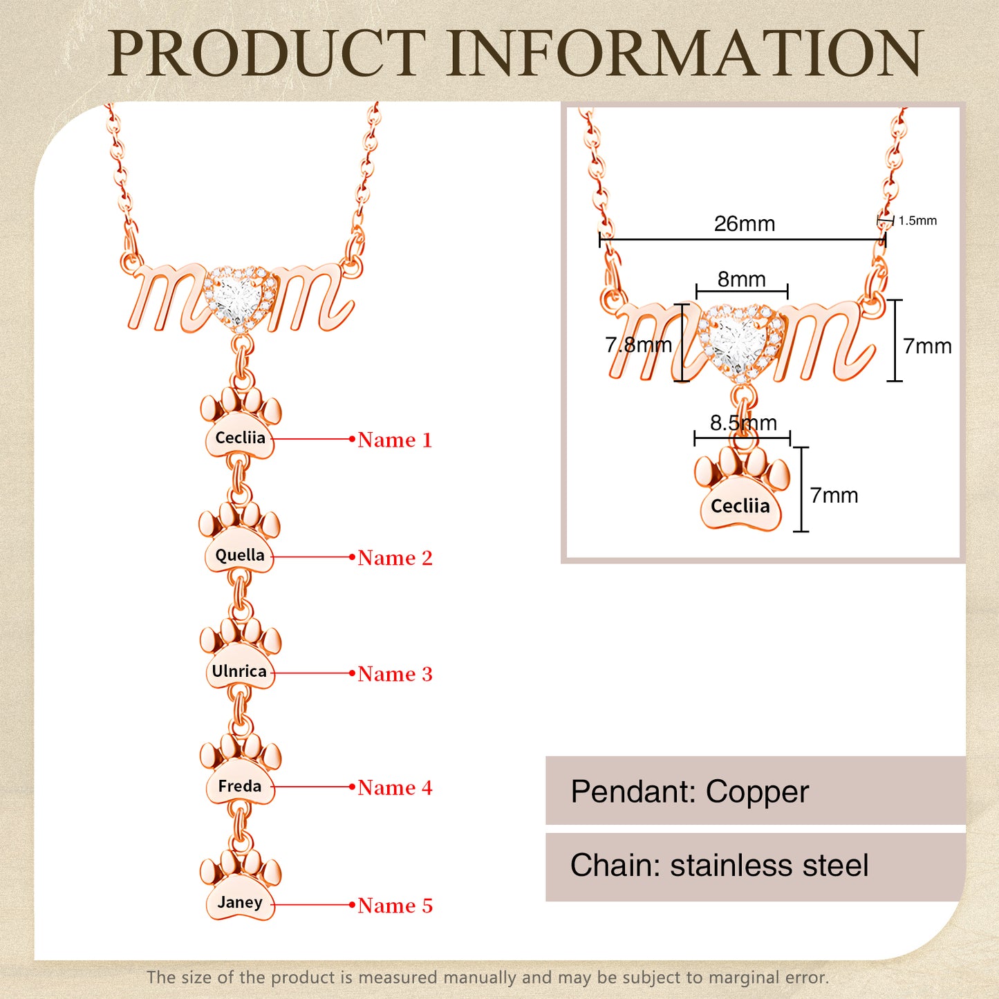 Gold paw shape necklace with five customizable name tags on layered chains.
