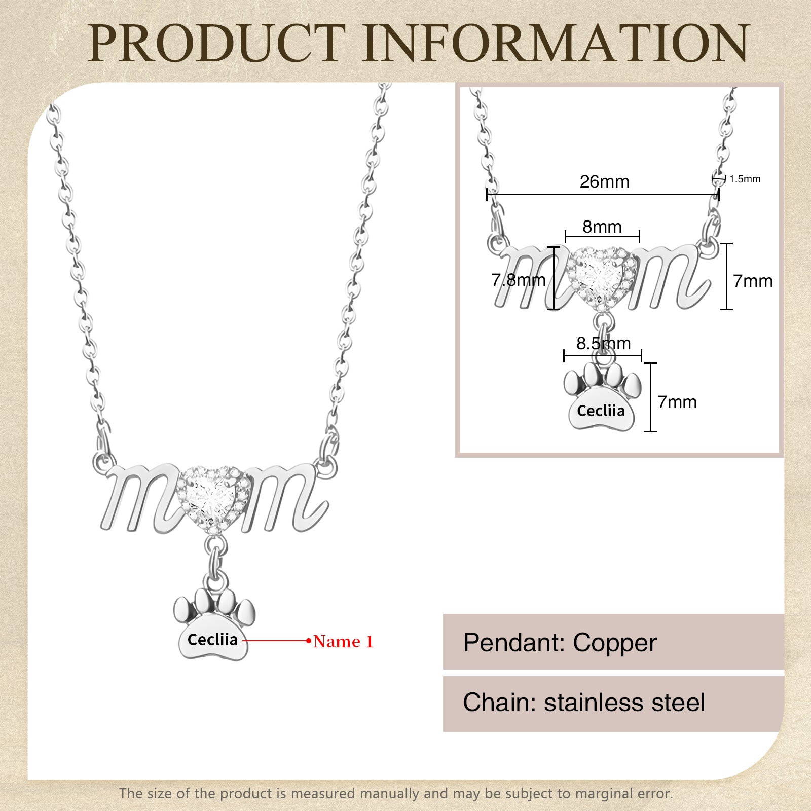 Silver Mother's Day necklace with paw-shaped pendant and customizable name tag "Cecilia".