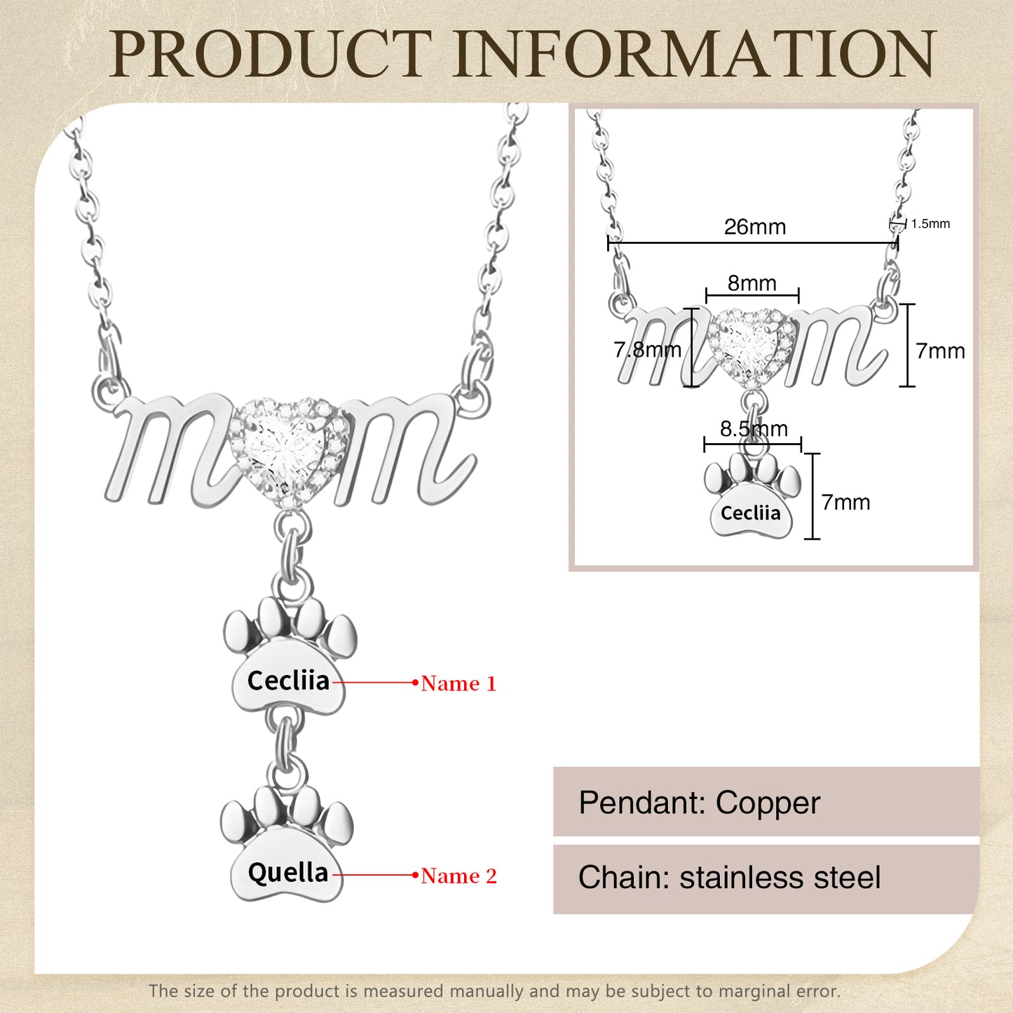 Silver "mom" necklace with paw print charm engraved with two names on copper pendant.