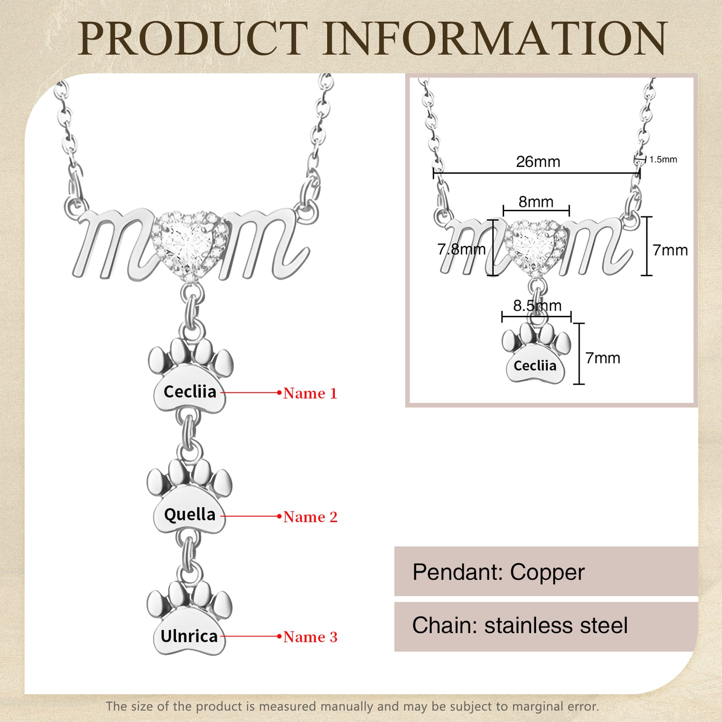 Silver paw shape necklace with three personalized name tags and cubic stone on MOM pendant.