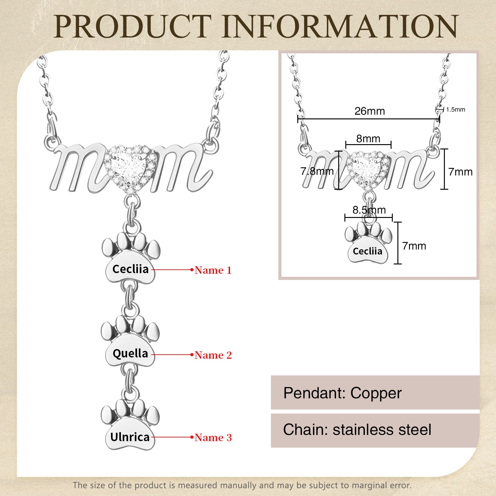 Silver paw shape necklace with three personalized name tags and cubic stone on MOM pendant.