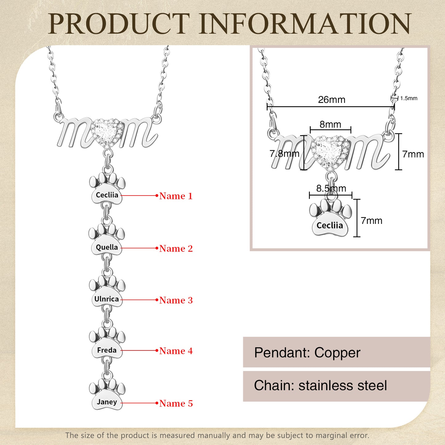 Silver Paw Shape necklace with five dangling engraved name tags, "mom" script pendant with chain.