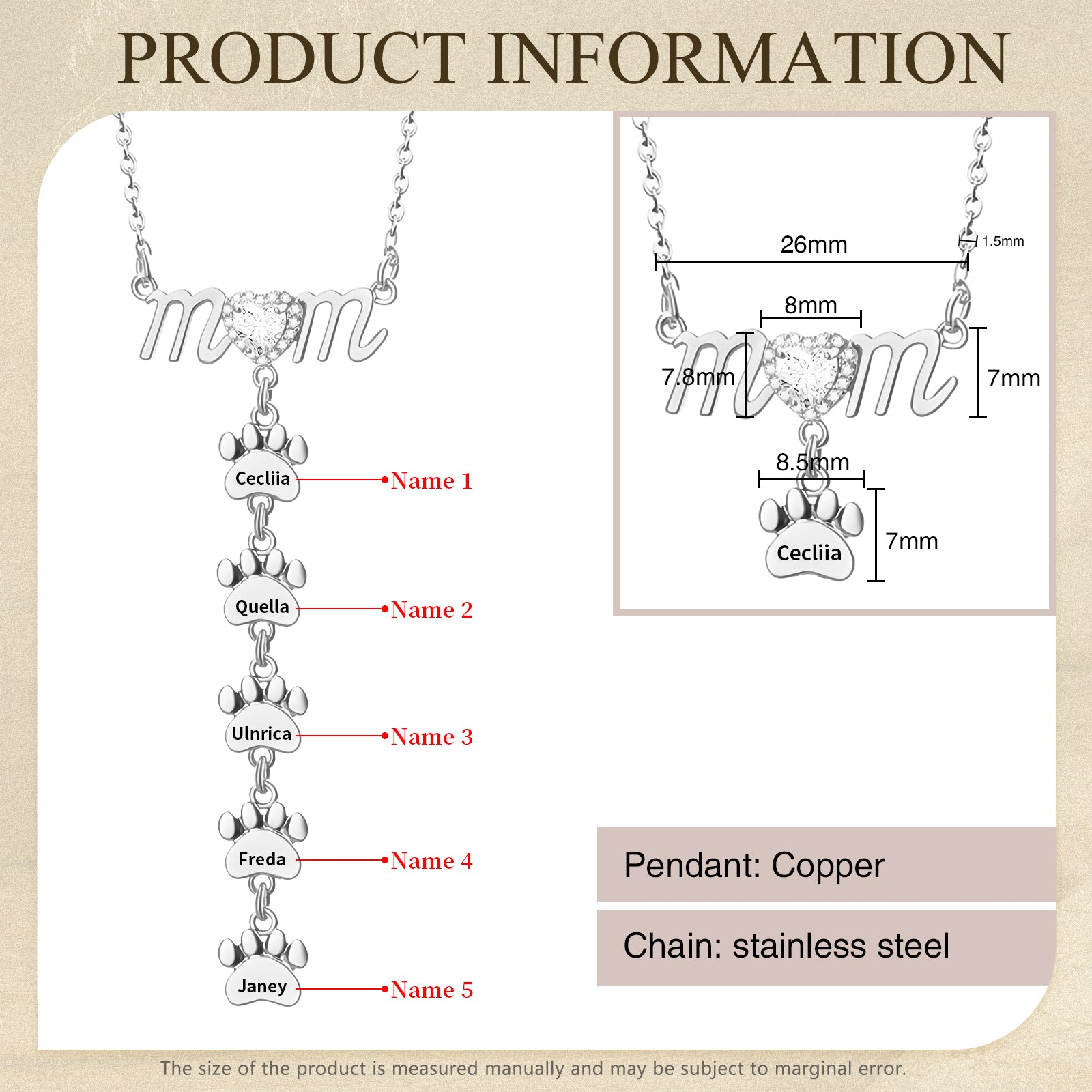 Silver Paw Shape necklace with five dangling engraved name tags, "mom" script pendant with chain.