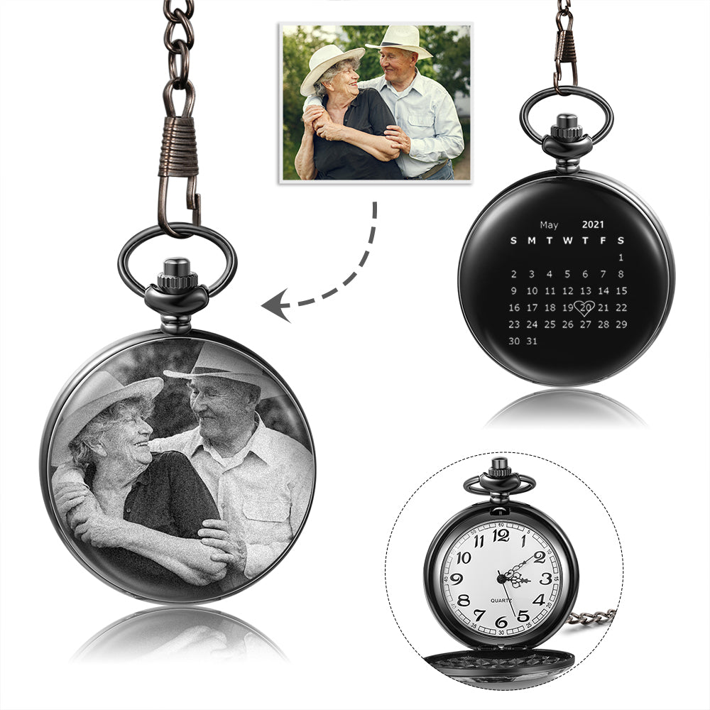 Black stainless steel pocket watch with engraved photo on the cover, classic white clock face with black numerals and a.