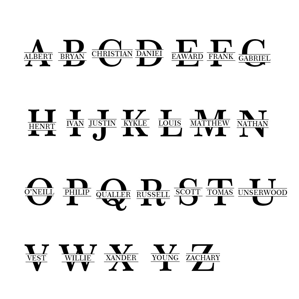 Black uppercase alphabet letters with personalized names in small text below each initial on a white background.