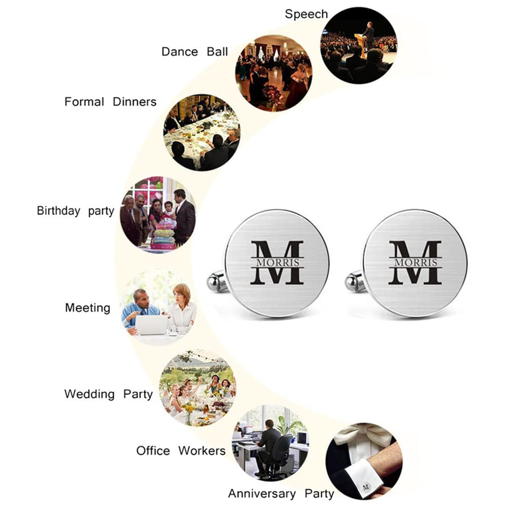 Round silver stainless steel cufflinks with engraved black letter "M" in bold serif font.