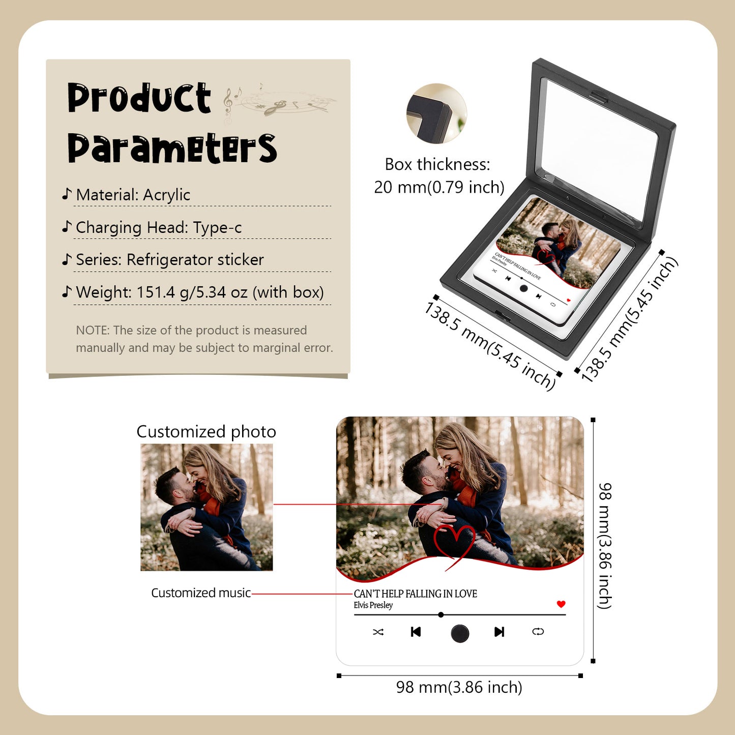 A product image showcasing a customized acrylic refrigerator sticker featuring a couple embracing, overlaid with music player controls and the title "Can't Help Falling in Love." The sticker is encased in a black box, with product parameters and dimensions listed.